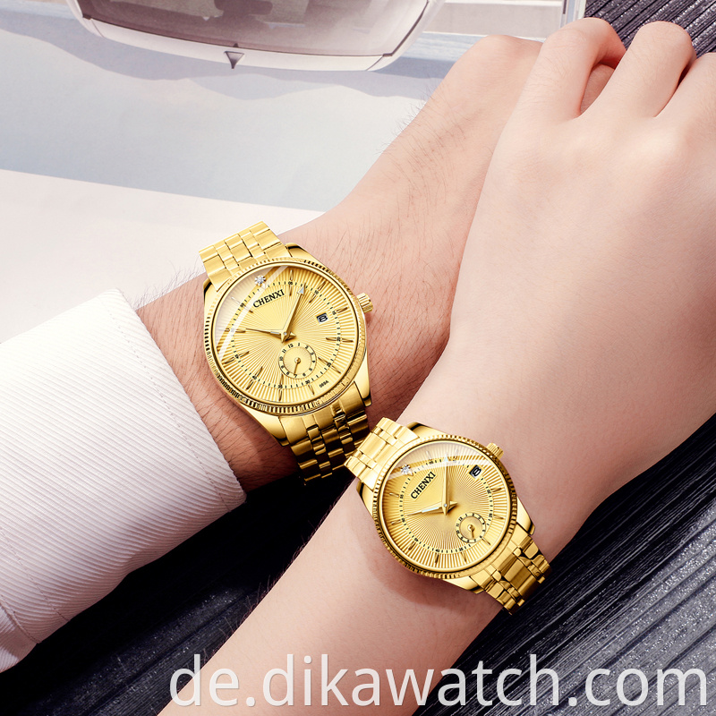 Hot 069 CHENXI All Gold Paar Uhr Mode Einfache und schöne Kalender Quarzuhr